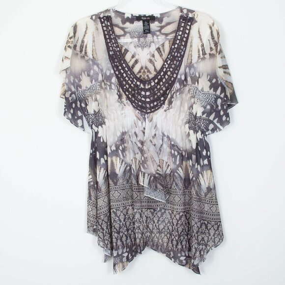 Style & Co Womens Butterfly‎ Sequin Embroidered Babydoll Blouse Size L Boho - Picture 1 of 7